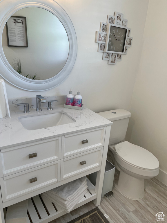 Bathroom featuring vanity, toilet, and hardwood / wood-style flooring