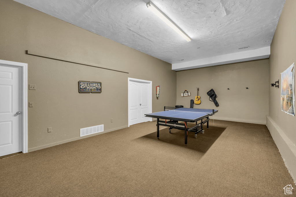 Playroom featuring carpet and a textured ceiling