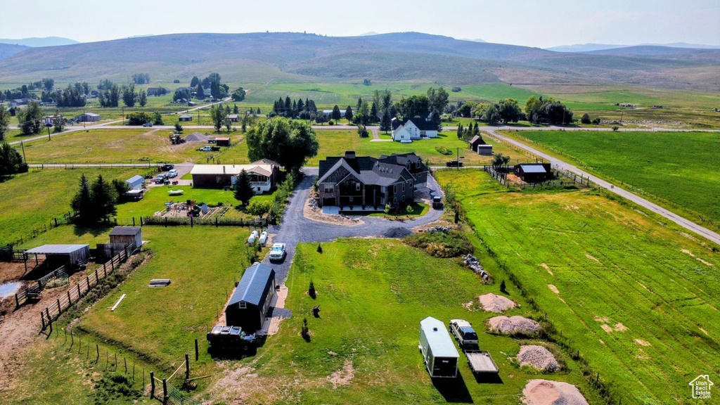 Aerial view featuring a mountain view and a rural view