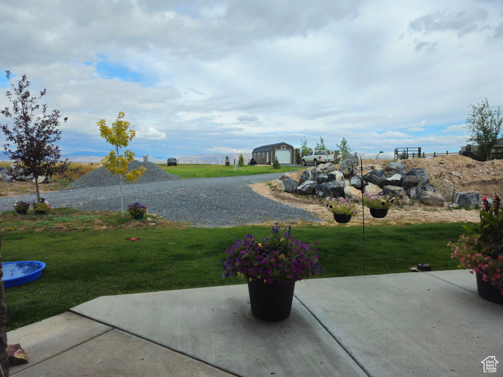 View of yard with a storage unit and a patio area