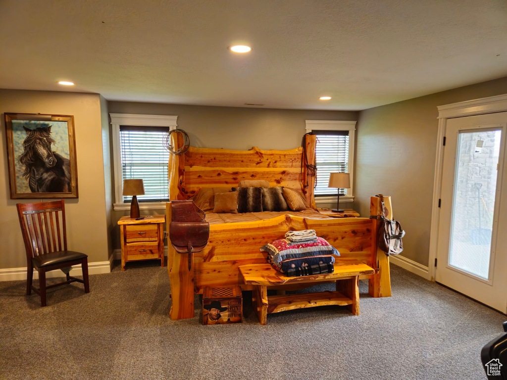 Carpeted bedroom featuring access to exterior and multiple windows