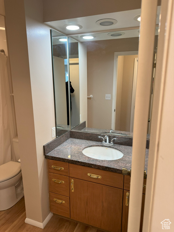 Bathroom with wood-type flooring, vanity, and toilet