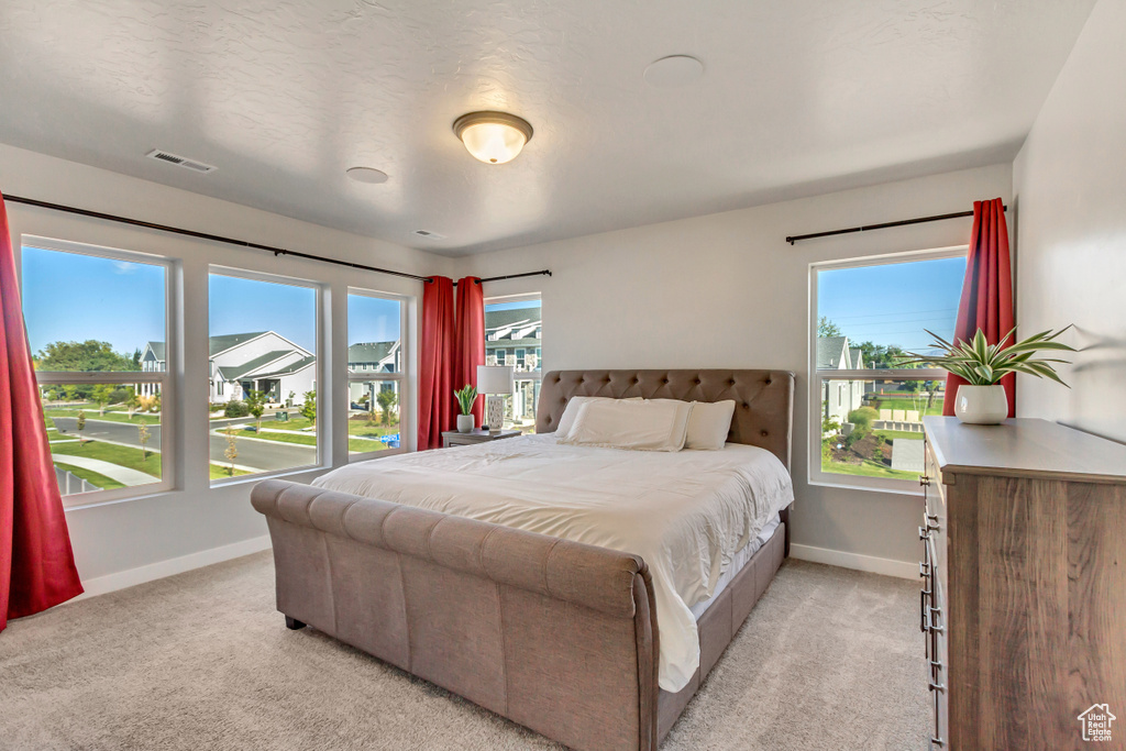 Carpeted bedroom with a textured ceiling