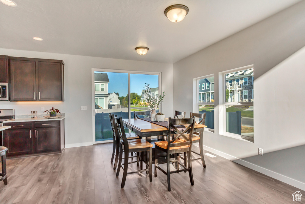 Dining space featuring plenty of natural light and light hardwood / wood-style floors