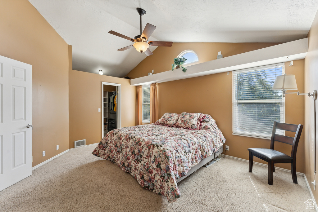 Carpeted bedroom with a closet, a walk in closet, multiple windows, and ceiling fan