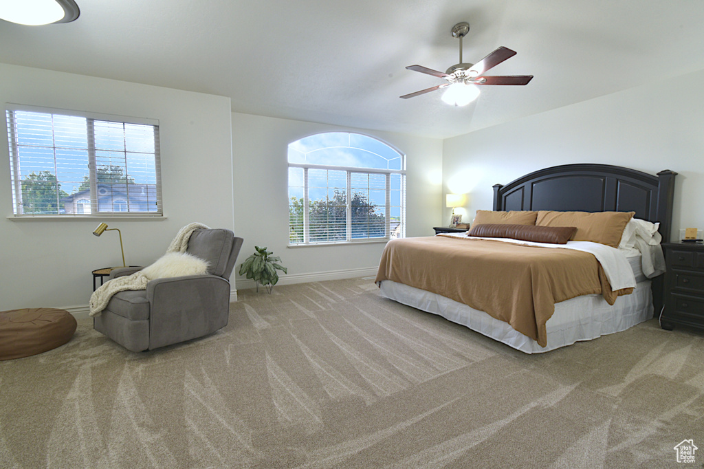 Carpeted bedroom with ceiling fan