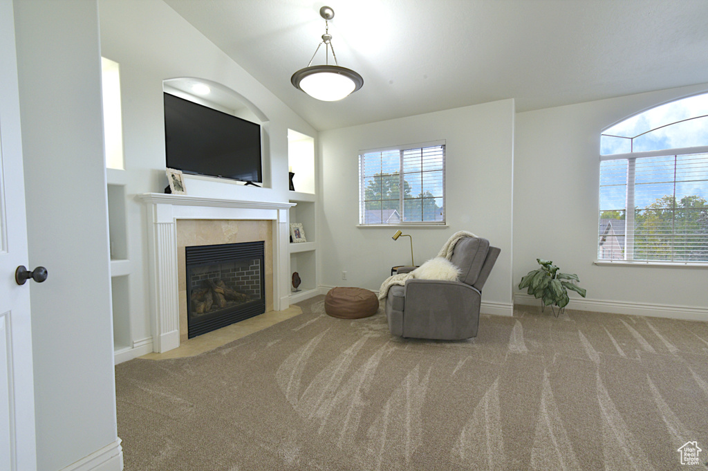 Sitting room featuring built in shelves, vaulted ceiling, and carpet flooring