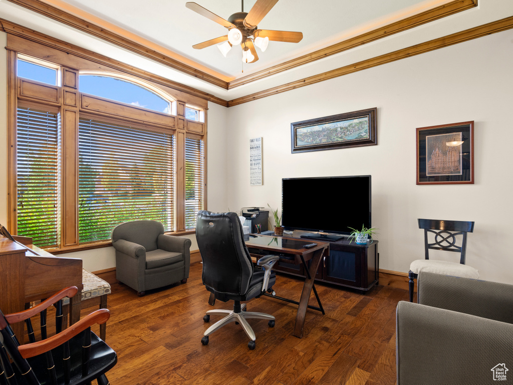 Office featuring ceiling fan, plenty of natural light, and dark hardwood / wood-style floors