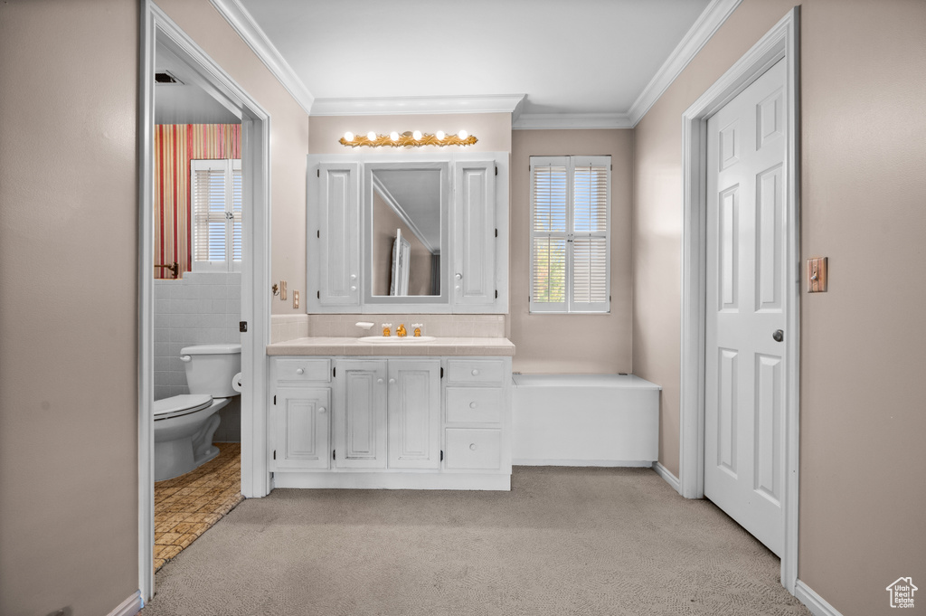 Bathroom featuring crown molding, vanity, and toilet