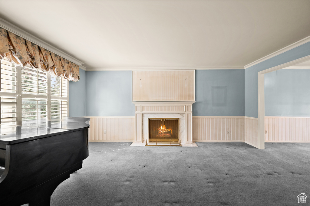 Carpeted living room with ornamental molding and a high end fireplace