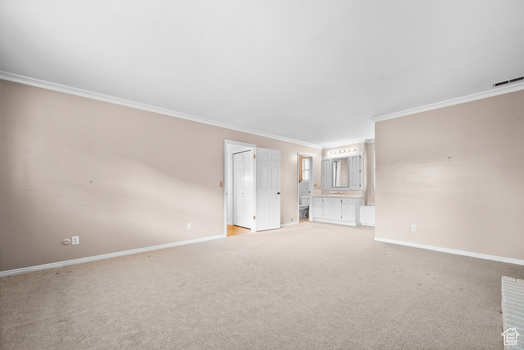 Spare room with light carpet and crown molding