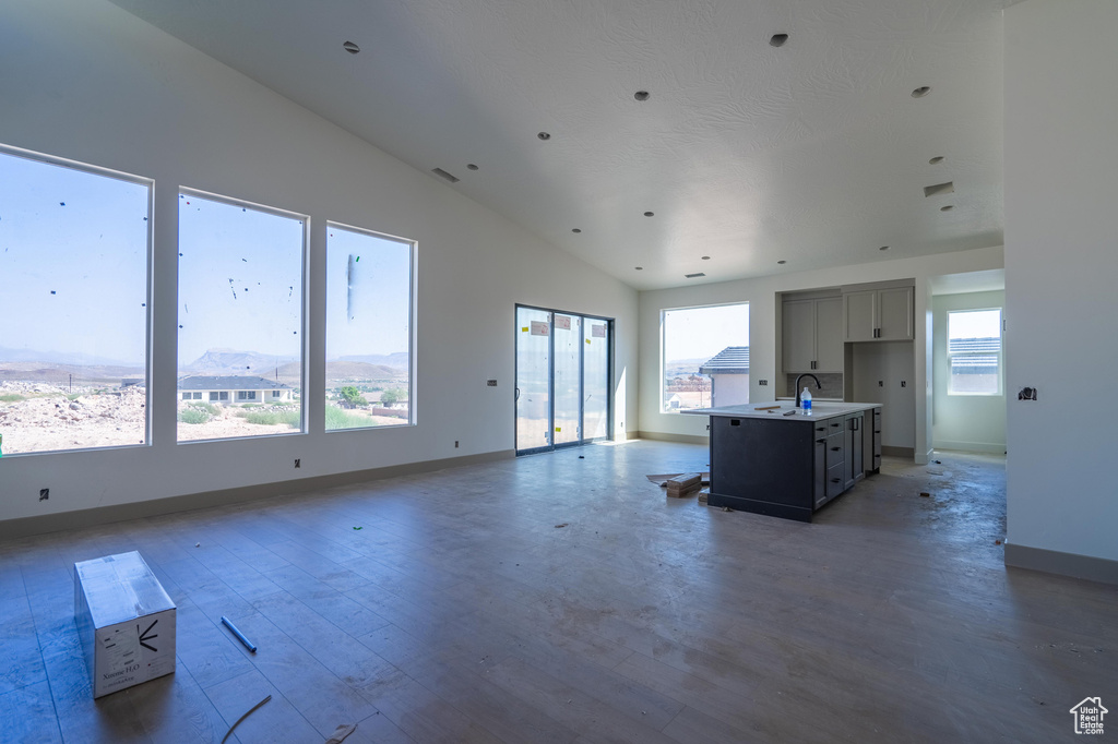 Kitchen with gray cabinets, a center island with sink, plenty of natural light, and dark wood-type flooring