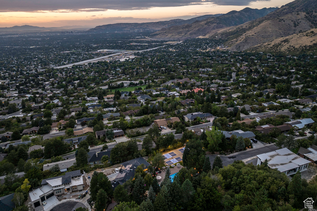 Aerial view at dusk with a mountain view