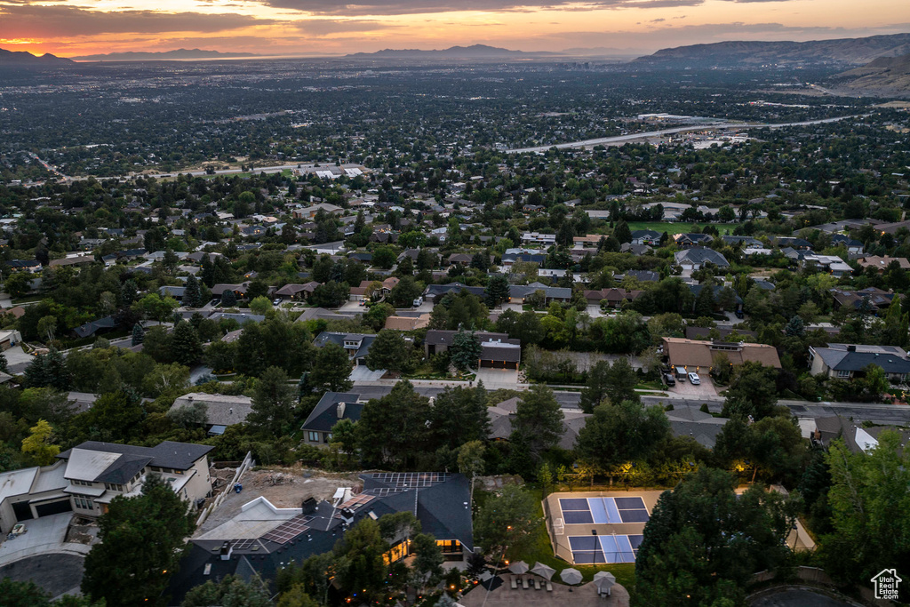 Aerial view at dusk with a mountain view