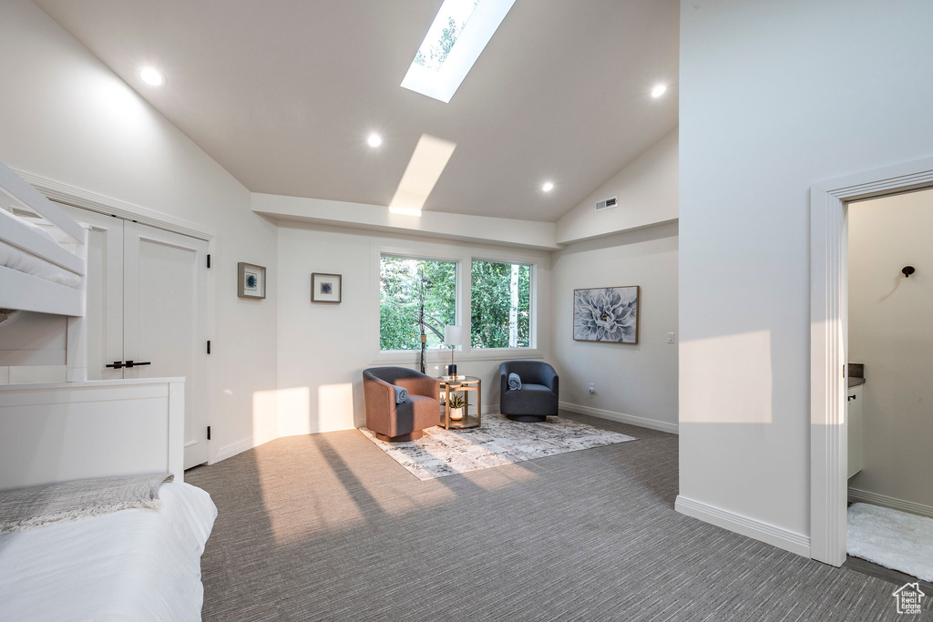 Carpeted bedroom with high vaulted ceiling and a skylight