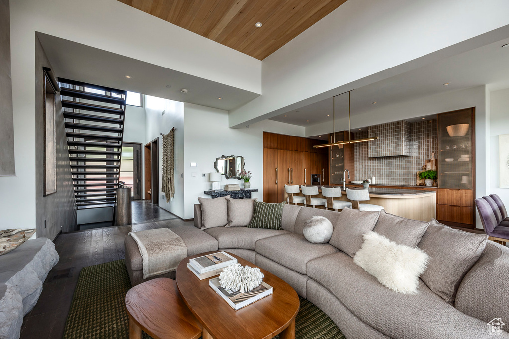 Living room with dark hardwood / wood-style flooring and a high ceiling