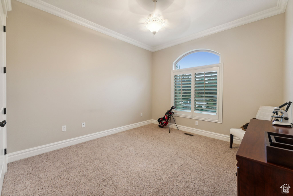 Unfurnished office featuring crown molding and carpet flooring