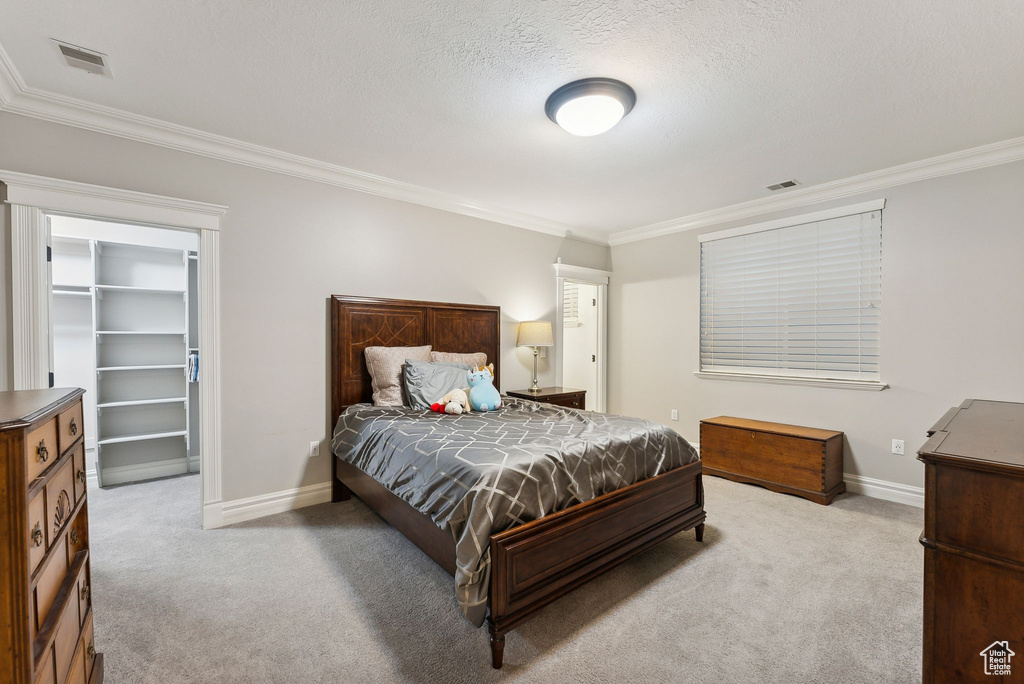 Carpeted bedroom featuring a textured ceiling, ornamental molding, and a spacious closet