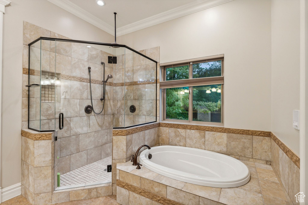 Bathroom with plus walk in shower and ornamental molding