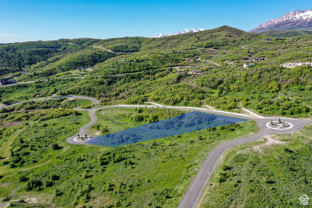 Aerial overview of property's location with a mountainous background and a heavily wooded area