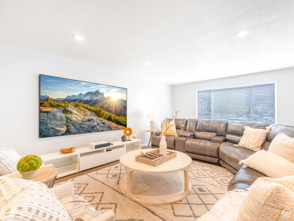 Living room with light hardwood / wood-style floors