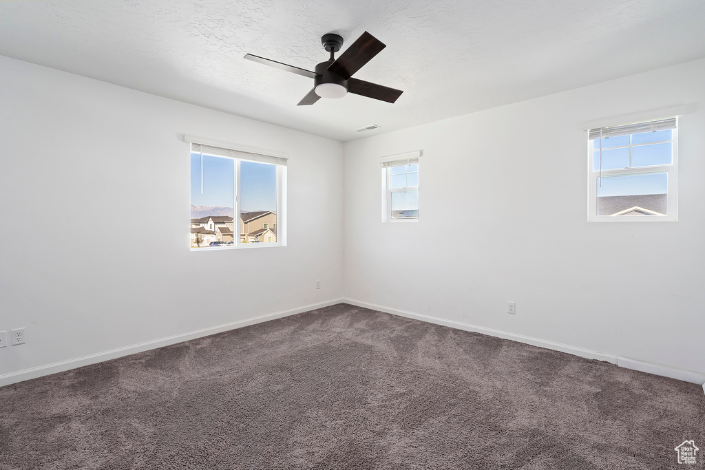 Unfurnished room featuring ceiling fan, carpet floors, plenty of natural light, and a textured ceiling