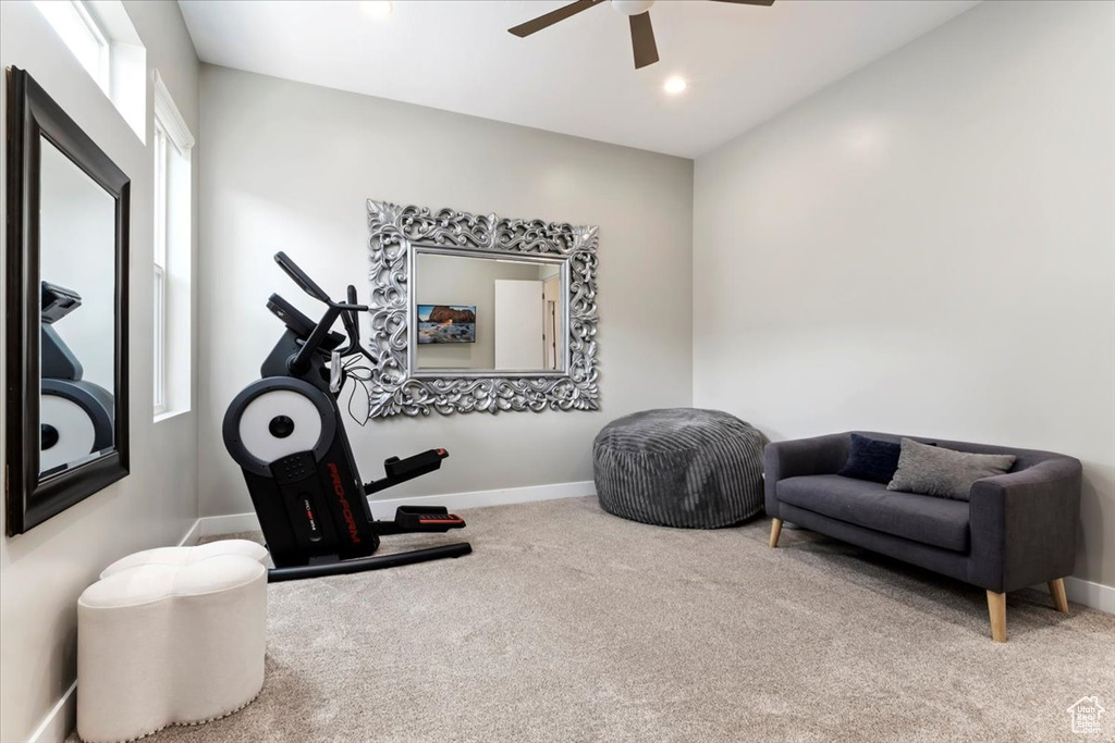 Interior space with ceiling fan, plenty of natural light, and carpet