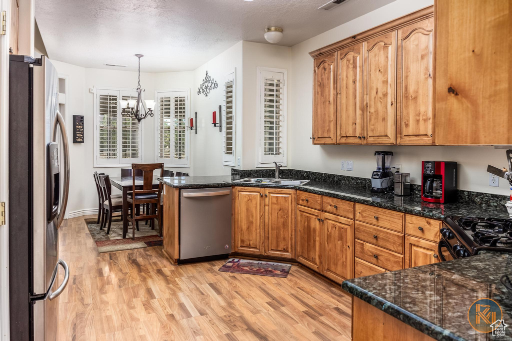 Kitchen featuring appliances with stainless steel finishes, pendant lighting, an inviting chandelier, light hardwood / wood-style flooring, and sink