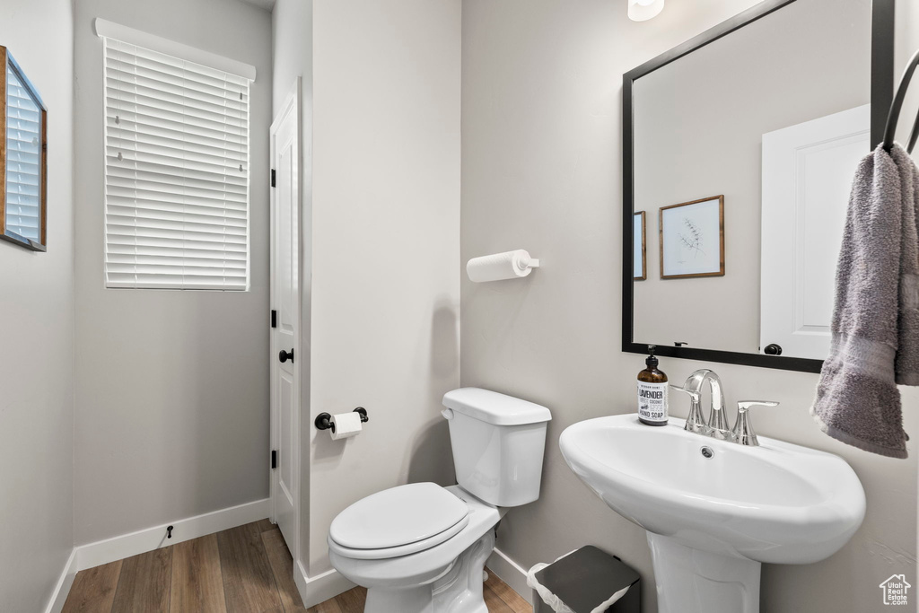 Bathroom with wood-type flooring, toilet, and sink