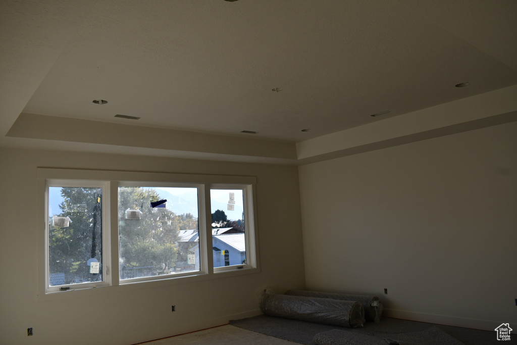 Spare room featuring a raised ceiling and carpet