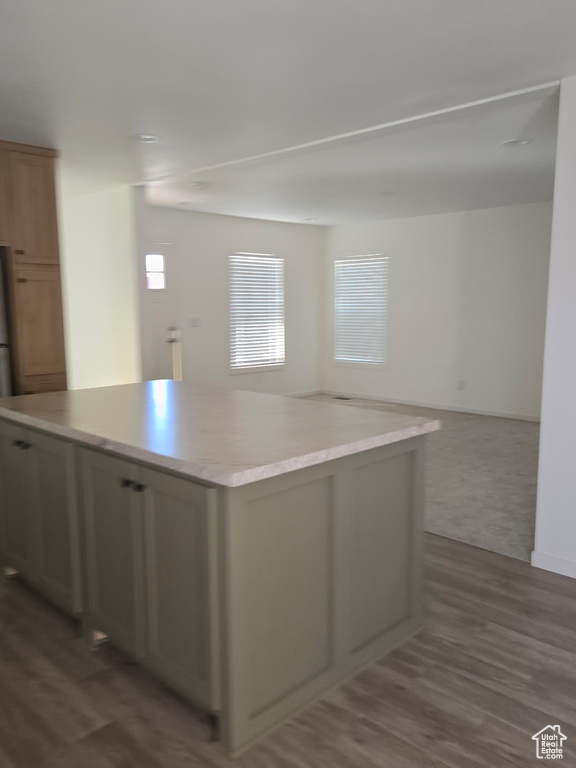 Kitchen with a center island and dark hardwood / wood-style flooring