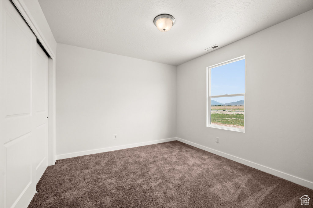 Unfurnished bedroom featuring a closet, carpet floors, and a textured ceiling