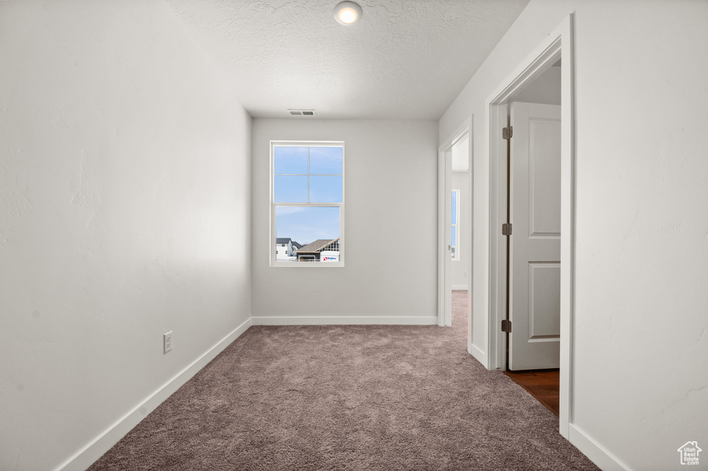 Unfurnished room with carpet floors and a textured ceiling