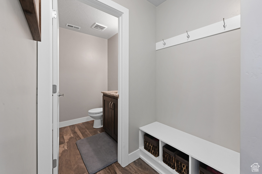 Bathroom with vanity, hardwood / wood-style floors, and toilet