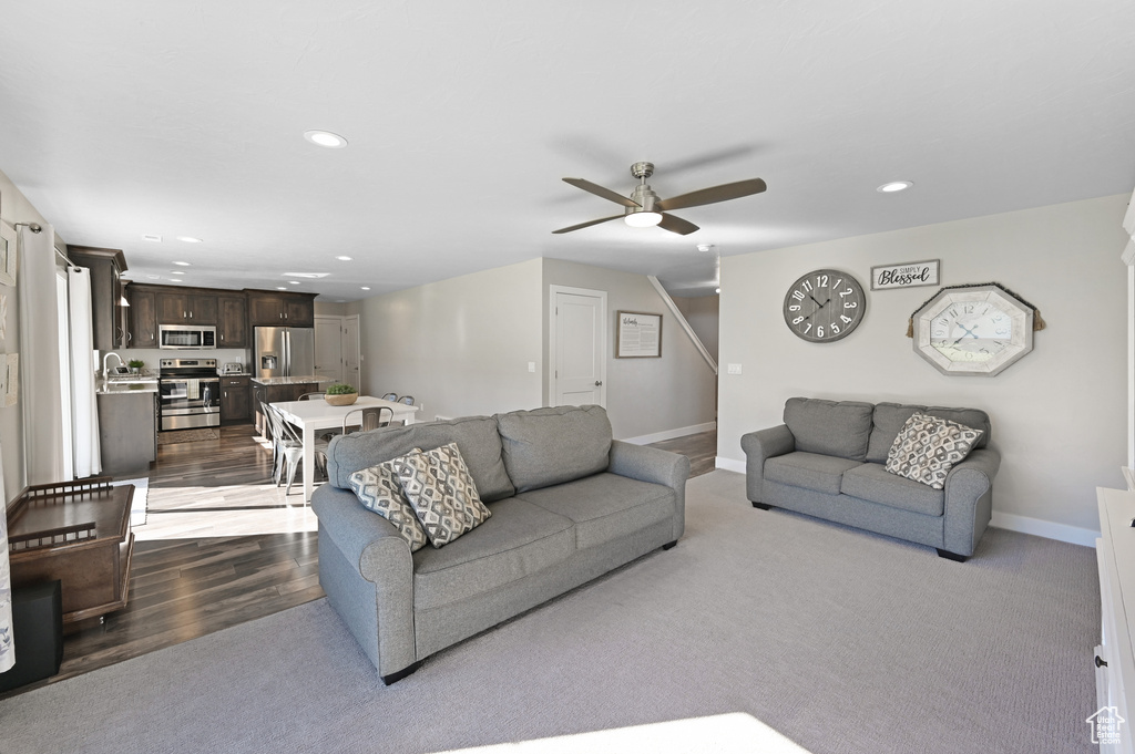 Living room featuring ceiling fan, dark hardwood / wood-style floors, and sink