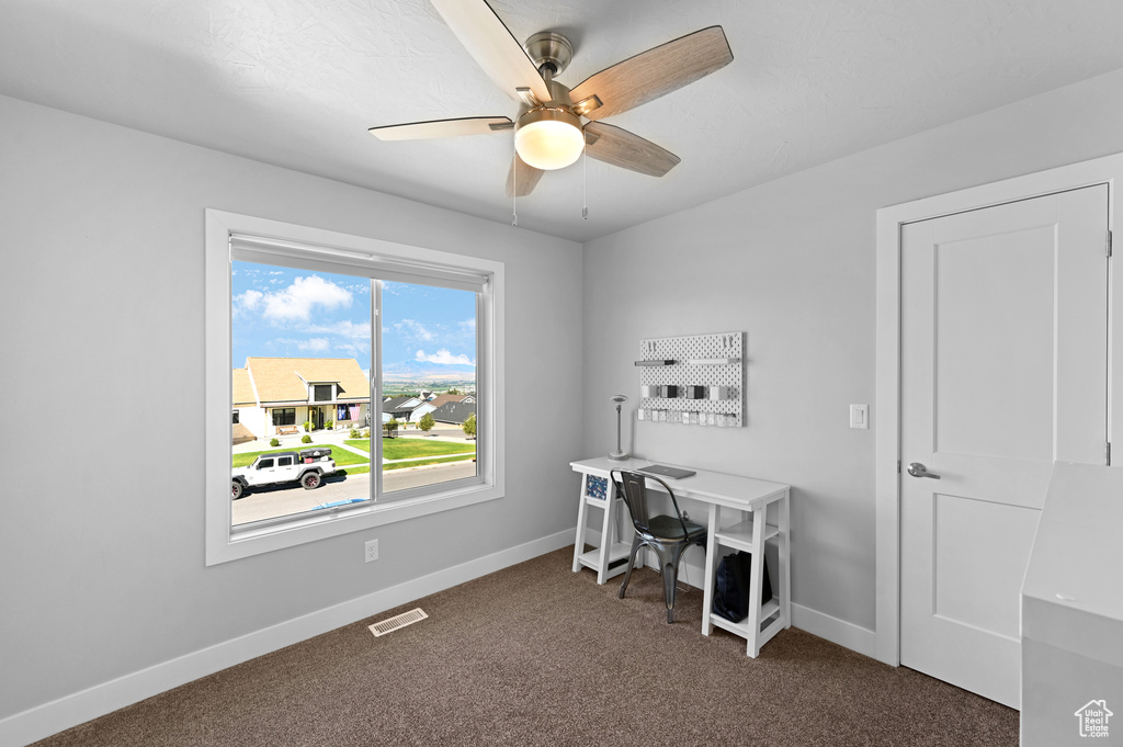 Office space with dark colored carpet and ceiling fan