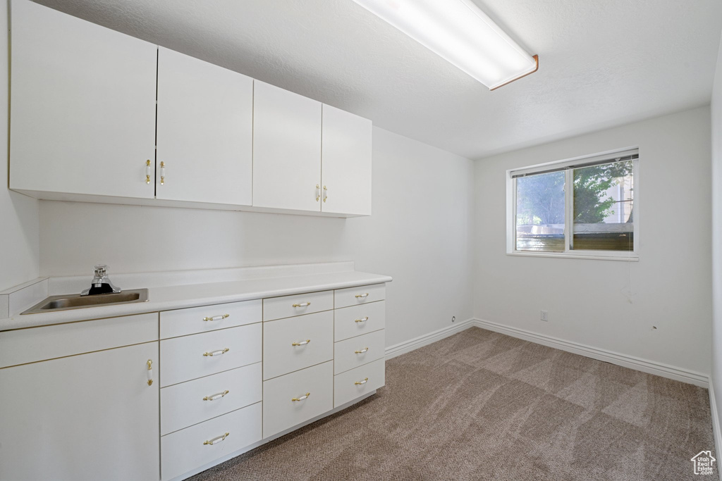 Interior space with sink and light colored carpet