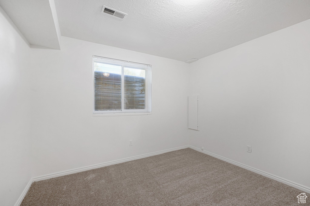 Unfurnished room featuring carpet floors and a textured ceiling