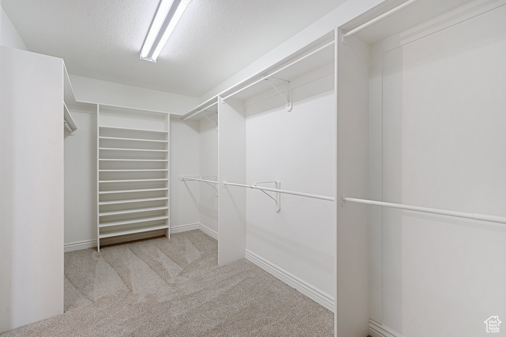 Walk in closet with light colored carpet