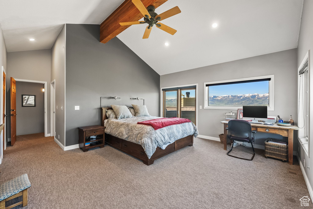 Bedroom with high vaulted ceiling, ceiling fan, beamed ceiling, and carpet flooring