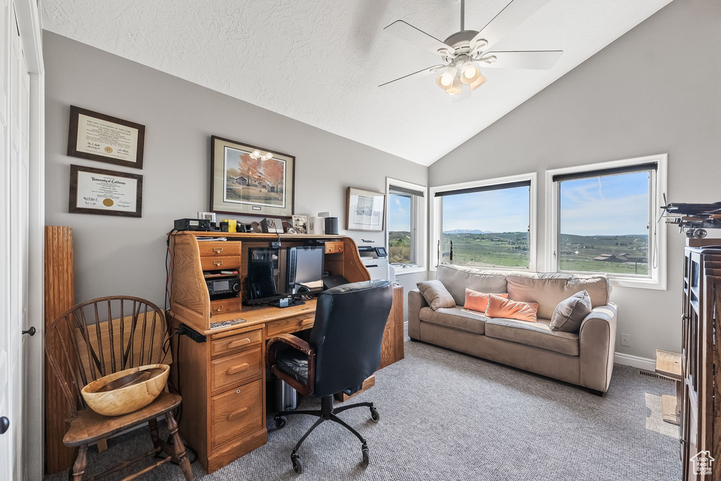 Carpeted home office with ceiling fan, a textured ceiling, and vaulted ceiling