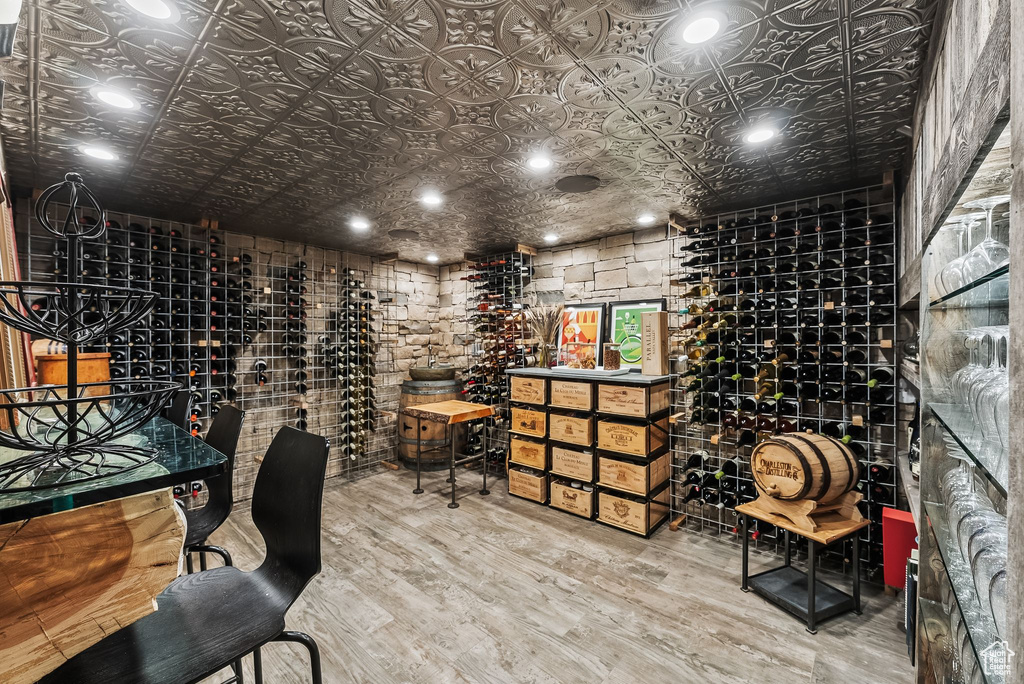 Wine cellar featuring wood-type flooring