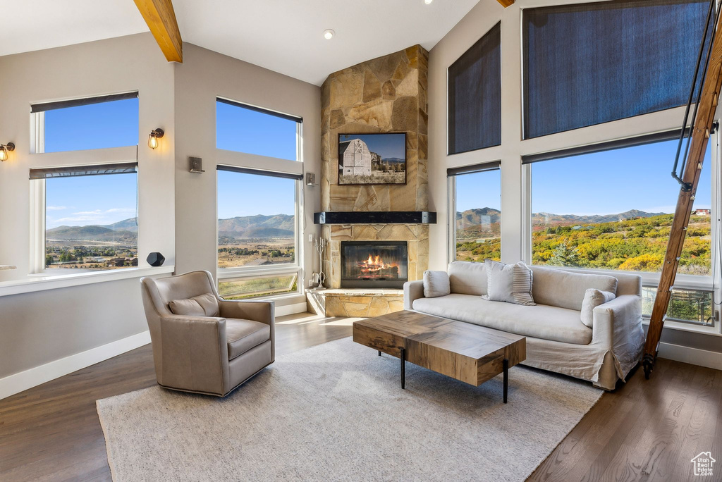 Living room featuring a healthy amount of sunlight, a stone fireplace, dark wood-type flooring, and a mountain view