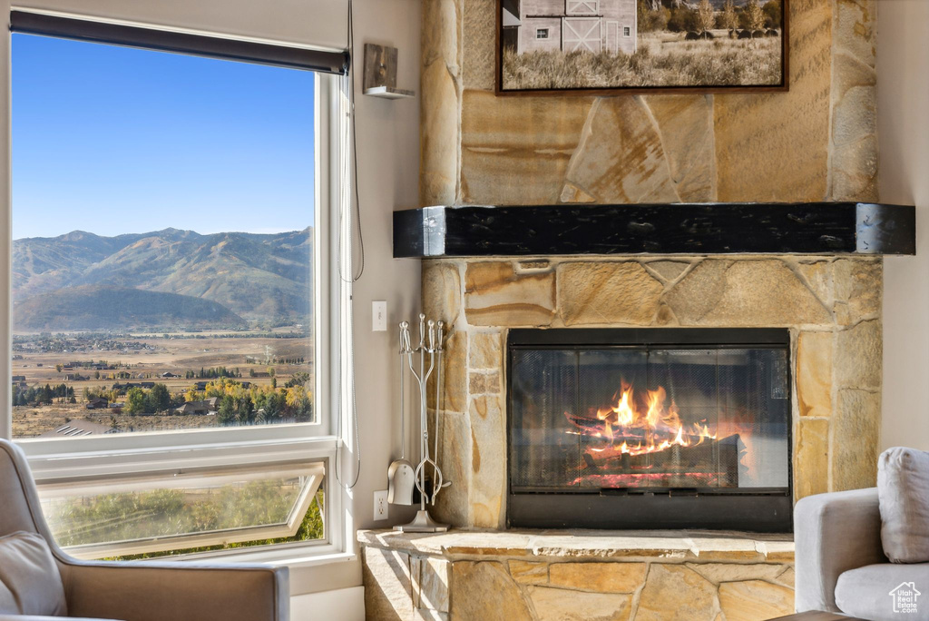 Details with a stone fireplace and a mountain view