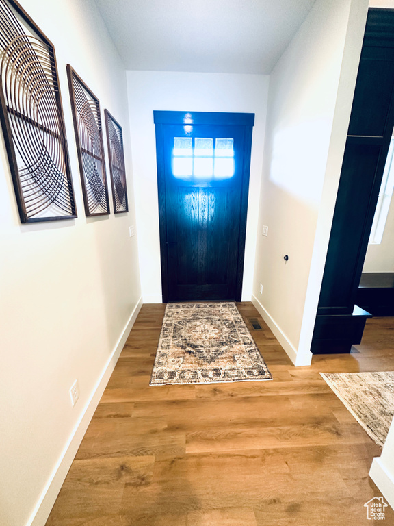 Entrance foyer with hardwood / wood-style flooring