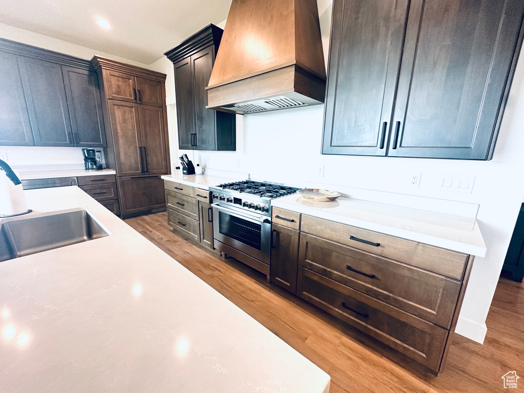 Kitchen with light hardwood / wood-style flooring, stainless steel stove, dark brown cabinetry, and premium range hood