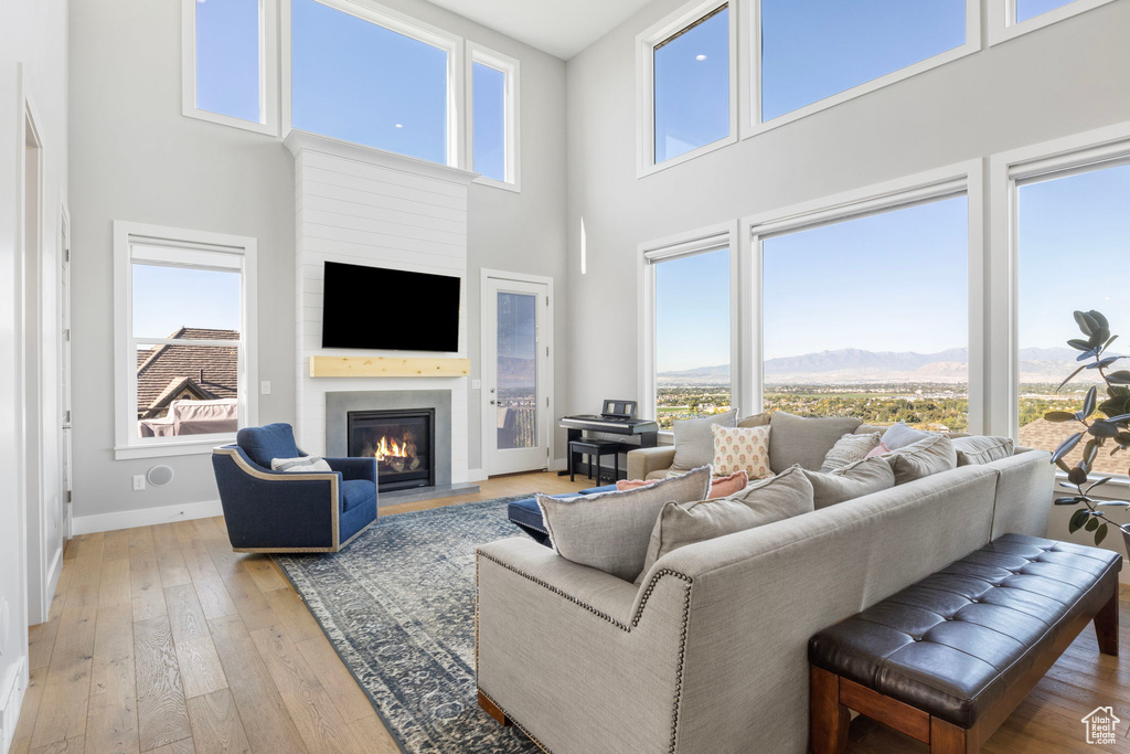 Living room featuring a healthy amount of sunlight, light hardwood / wood-style floors, and a towering ceiling