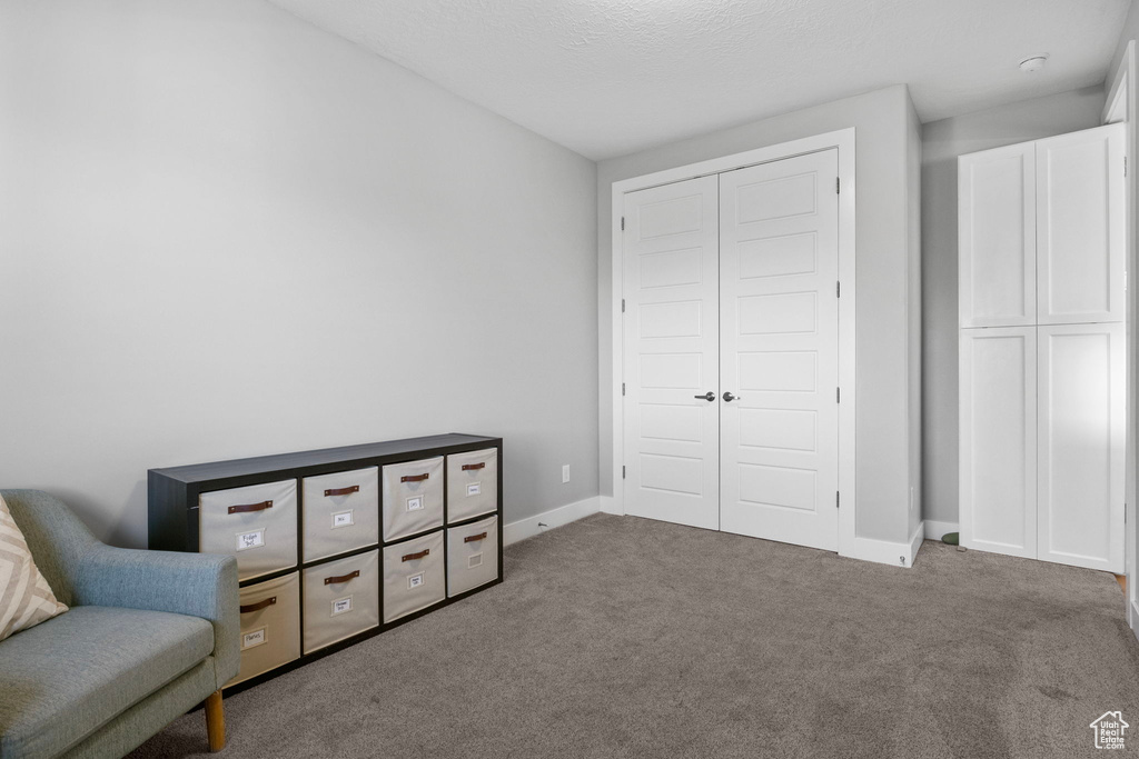 Living area with a textured ceiling and carpet floors