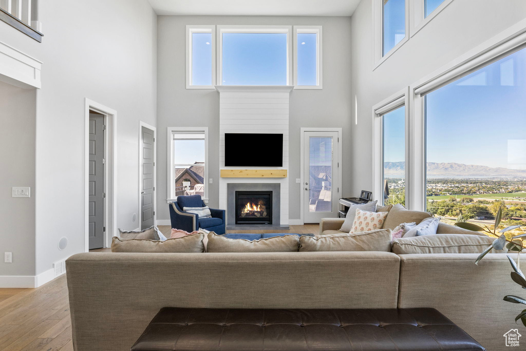 Living room featuring a towering ceiling and hardwood / wood-style floors