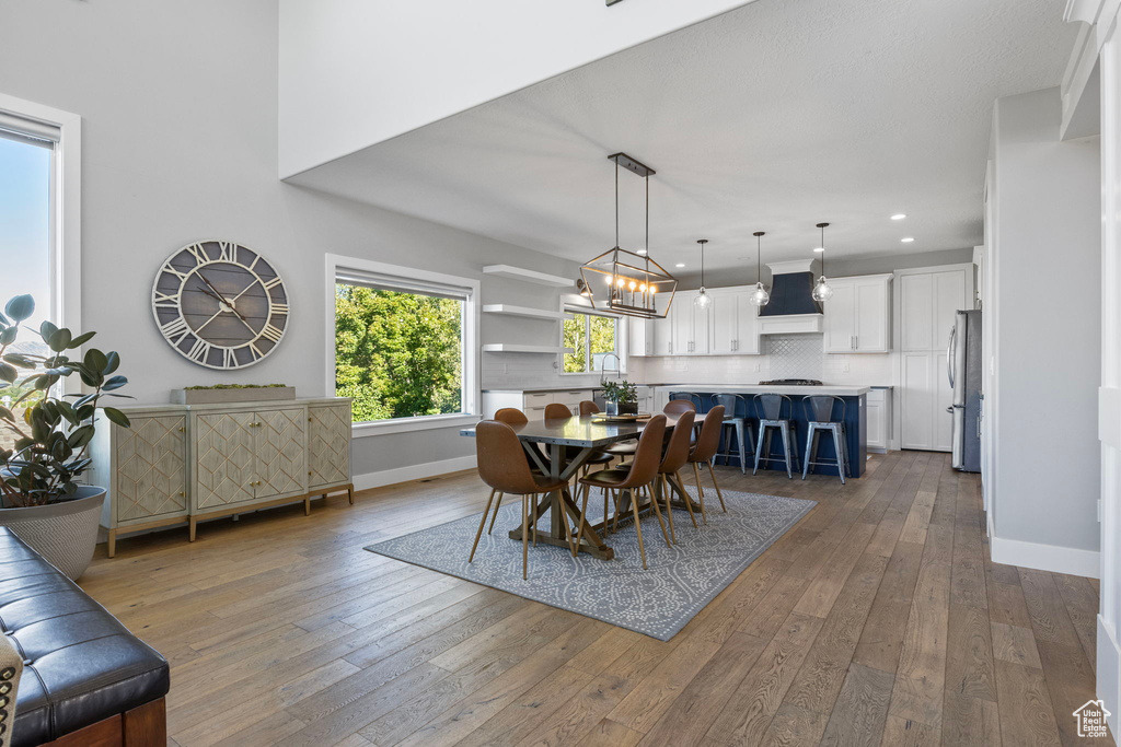 Dining space with sink, dark wood-type flooring, and a notable chandelier